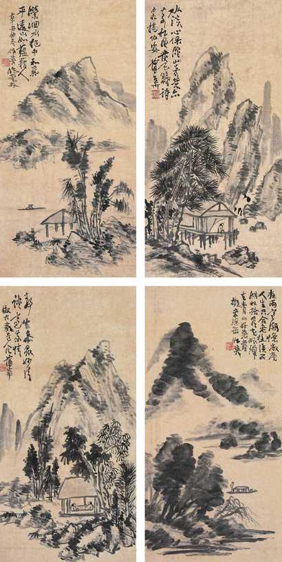 蒲华 山水 四屏